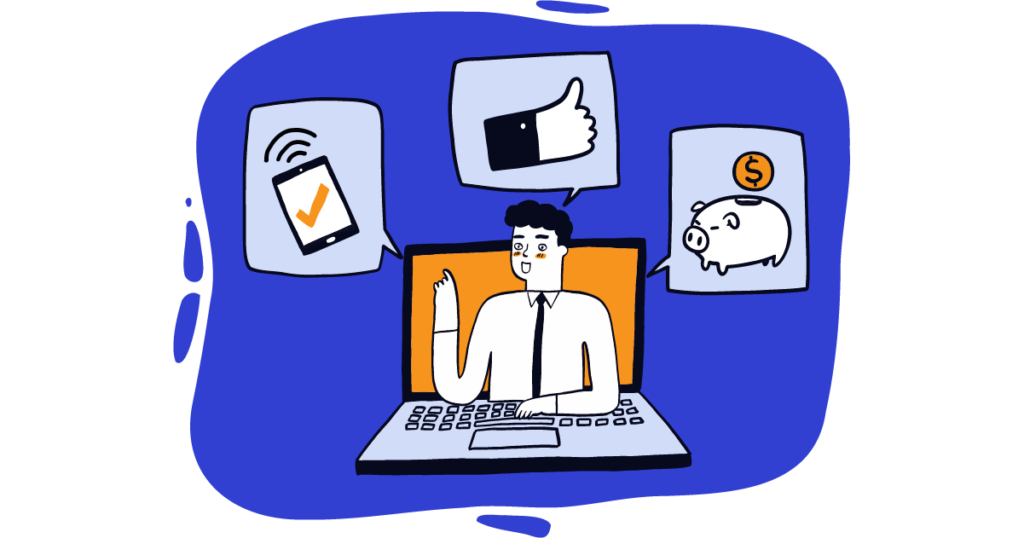 Illustration of a man popping out of a laptop with a speech bubbles that have a tablet with Wi-Fi, a like thumbs up, and a piggy bank with a coin