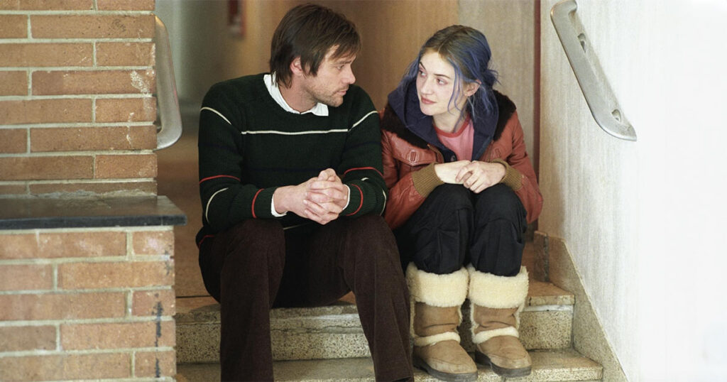 Eternal Sunshine of the Spotless Mind; Joel and Clementine sitting on the stairs