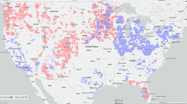 Screenshot of Frontier vs. CenturyLink rural internet coverage map