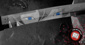 Graphic featuring the main character of Blue Eye Samurai looking at their reflection in a sword.