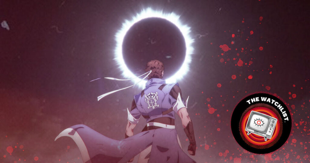 Graphic featuring the main character of Castlevania: Nocturne looking at an eclipse