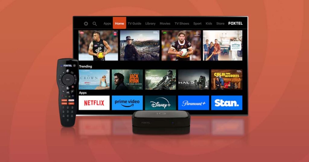 Graphic of Foxtel iQ5 box, Foxtel remote and a Television showing the Foxtel menu