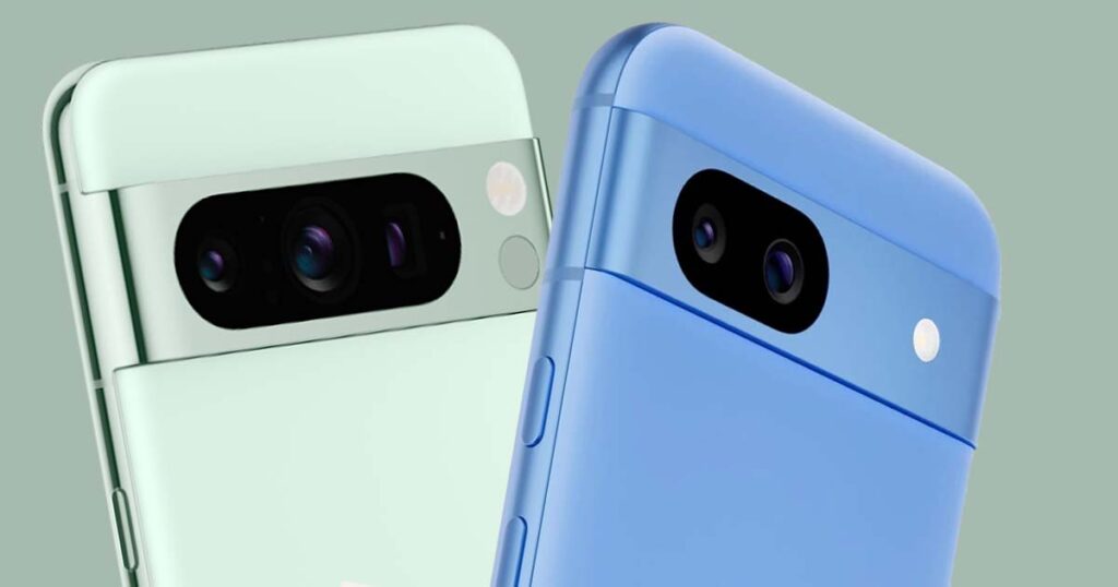 Pixel 8a (Blue) and Pixel 8 Pro (Green)