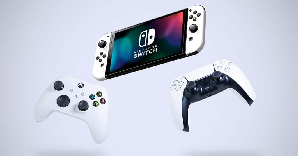 Graphic of Nintendo Switch, Xbox Series X controller and PlayStation 5 controller