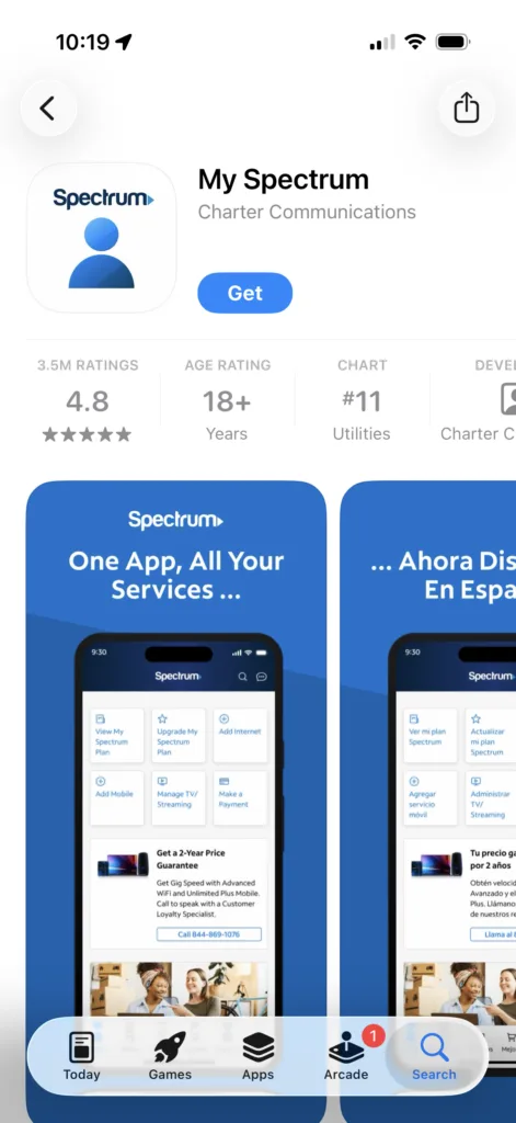Screenshot of My Spectrum App in Apple App Store
