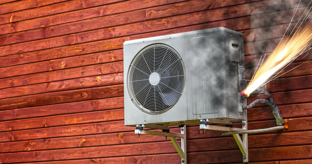 air conditioner unit smoking, and throwing flames from the side, on an acacia wooden wall,