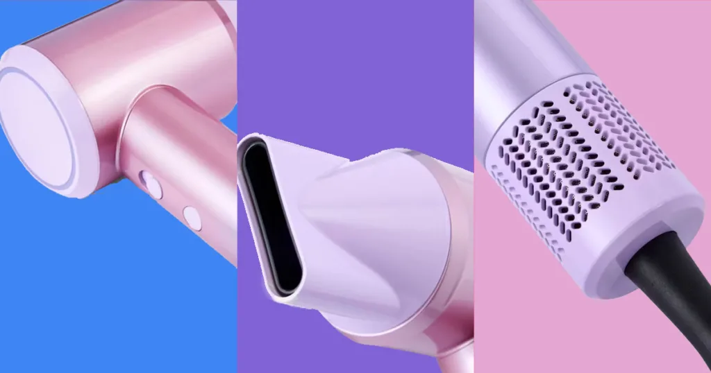 High Power Hair Dryer - Lilac features in three seperate shots with coloured backgrounds