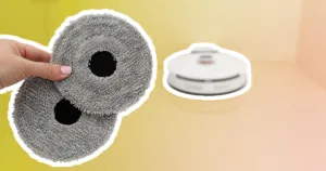 robot vacuum cleaner mop heads in the foreground with a robovac in the background. A transparent yellow and orange gradient is filling the background space