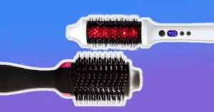 thermal brush and blow dry brush on a blue and purple gradient background