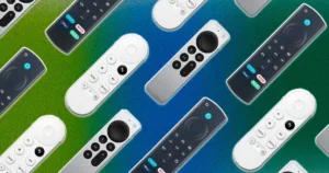 apple tv, google chromecast, amazon fire stick remotes flying across the screen at a diagonal with a colourful static in the background