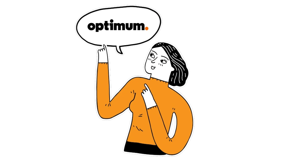 Optimum logo in speech bubble above cartoon woman gesturing