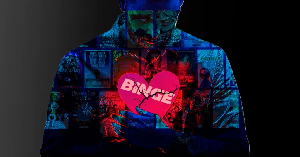 Hbo shows holding a broken heart with 'Binge' inside it