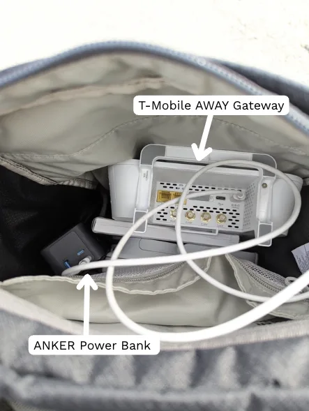 Photo of a T-Mobile Gateway and power bank inside a backpack