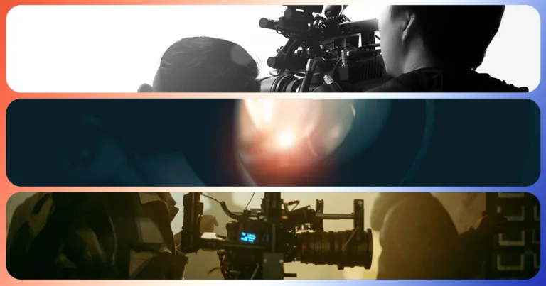 Three stills of documentary crews split between three horizontal panels