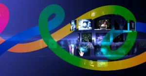 carousel of tv channels on screens, sitting on a dark purple ombre background with rainbow swirls