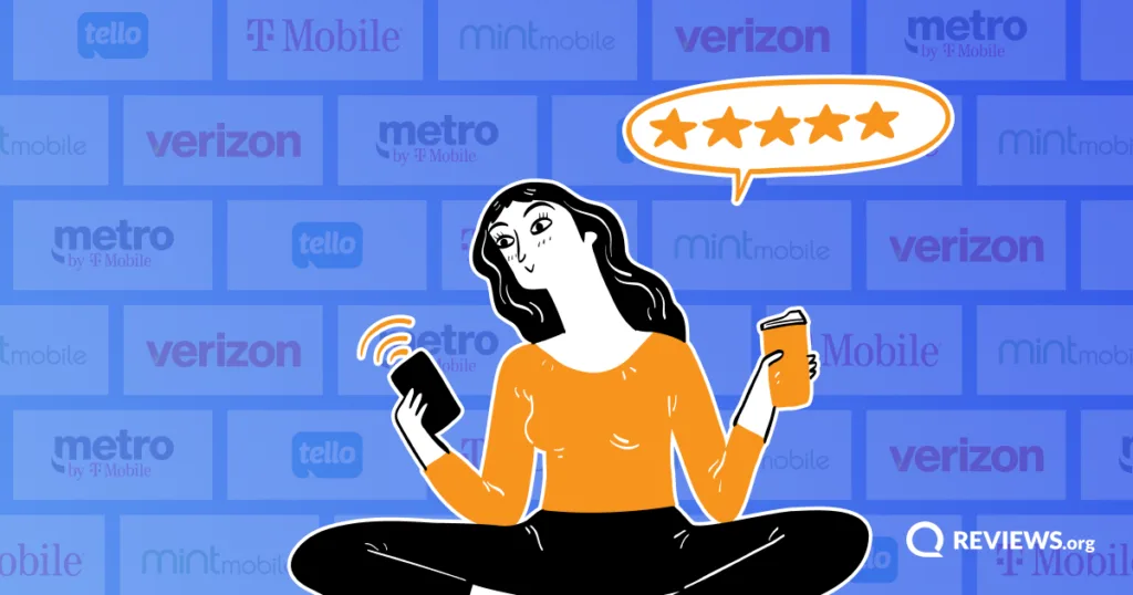 Cartoon woman holding a phone with a five-star rating bubble, surrounded by prepaid carrier logos like Verizon and Mint Mobile