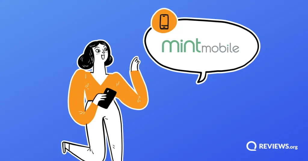 Cartoon woman holding her phone with a speech bubble displaying the Mint Mobile logo.