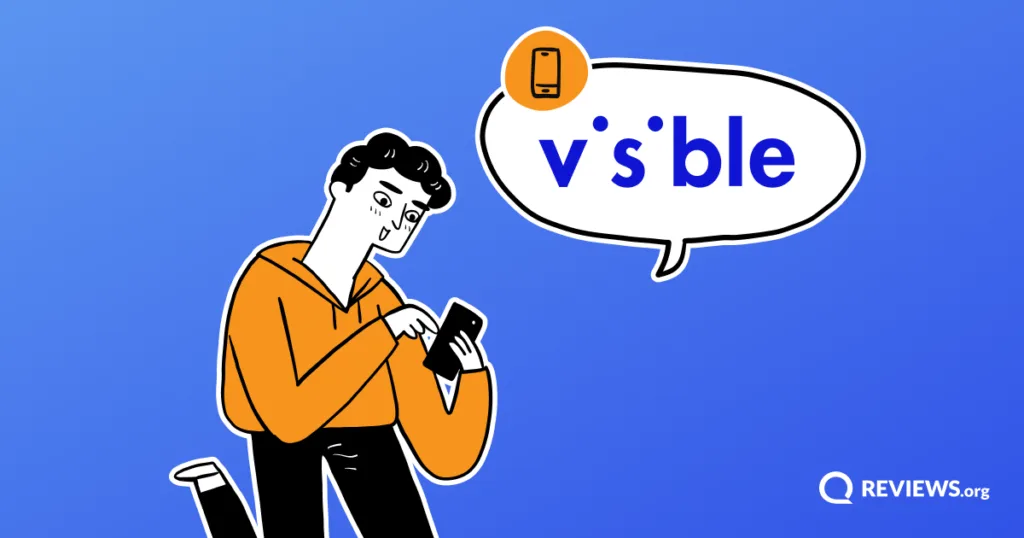 Cartoon man browsing his phone with a speech bubble displaying the Visible Wireless logo.