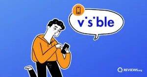 Cartoon man browsing his phone with a speech bubble displaying the Visible Wireless logo.