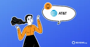 Cartoon woman gesturing toward a speech bubble displaying the AT&T Mobile logo.