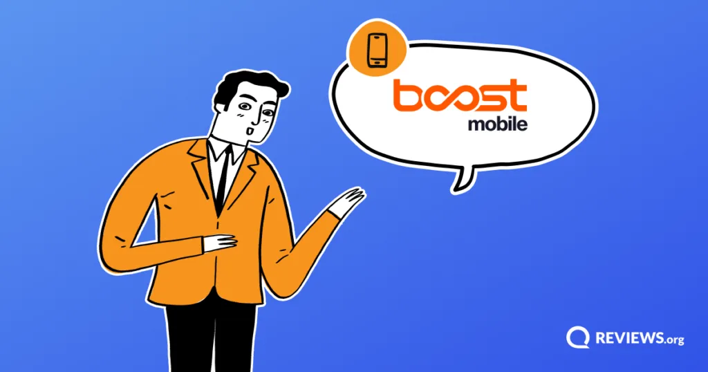 Cartoon man gesturing toward a speech bubble displaying the Boost Mobile logo.