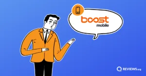 Cartoon man gesturing toward a speech bubble displaying the Boost Mobile logo.