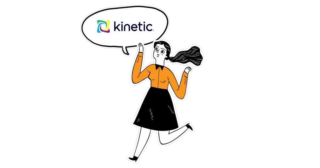 Illustrated woman with a speech bubble and the kinetic logo inside it