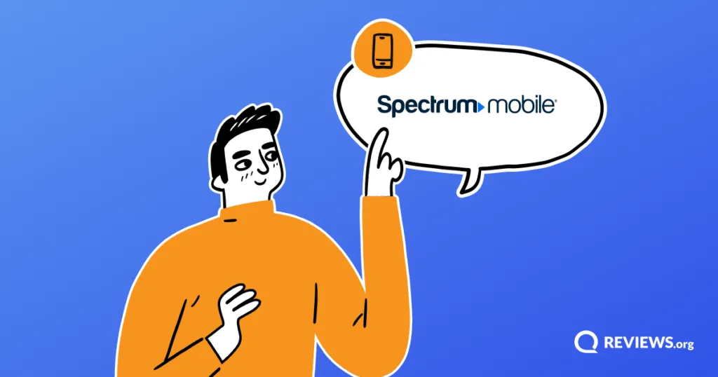 Cartoon man pointing to a speech bubble displaying the Spectrum Mobile logo.