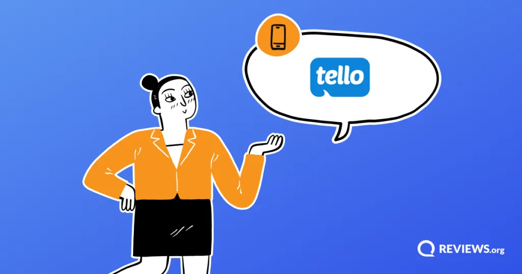 Cartoon woman gesturing toward a speech bubble displaying the Tello Mobile logo.
