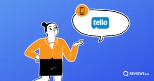 Cartoon woman gesturing toward a speech bubble displaying the Tello Mobile logo.