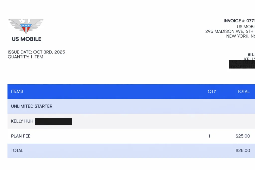 Screenshot of US Mobile Bill