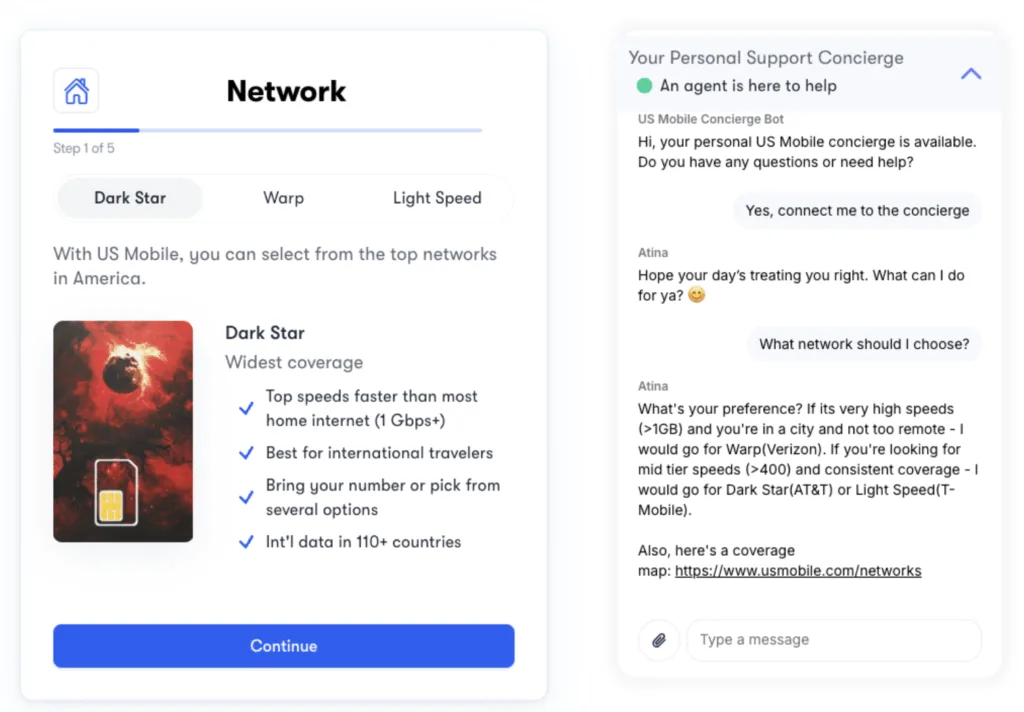 A screenshot showing the US Mobile network selection screen with options like Dark Star, Warp, and Light Speed, alongside a live chat window where a support agent provides guidance on choosing a network.