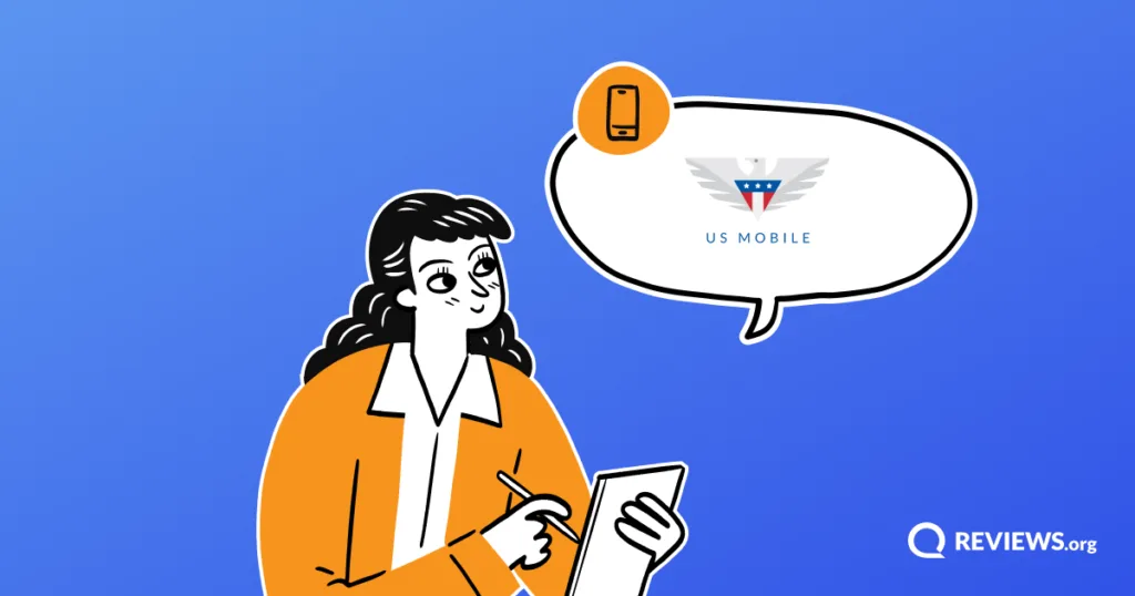 Cartoon woman taking notes on a tablet with a speech bubble displaying the US Mobile logo.