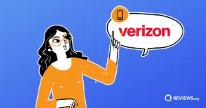 Cartoon woman pointing to a speech bubble displaying the Verizon logo.