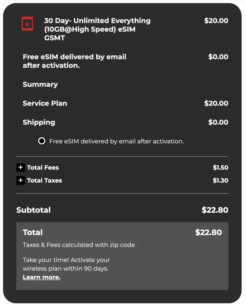 Screenshot of checkout information for Plus Plan