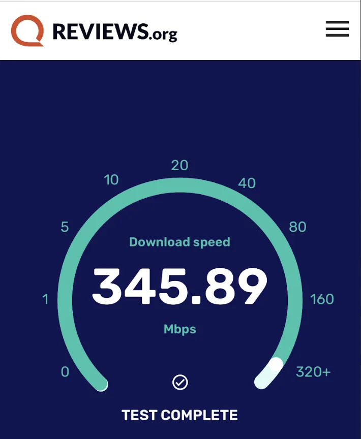 Screenshot of AT&T mobile speed test result of 345.89 Mbps
