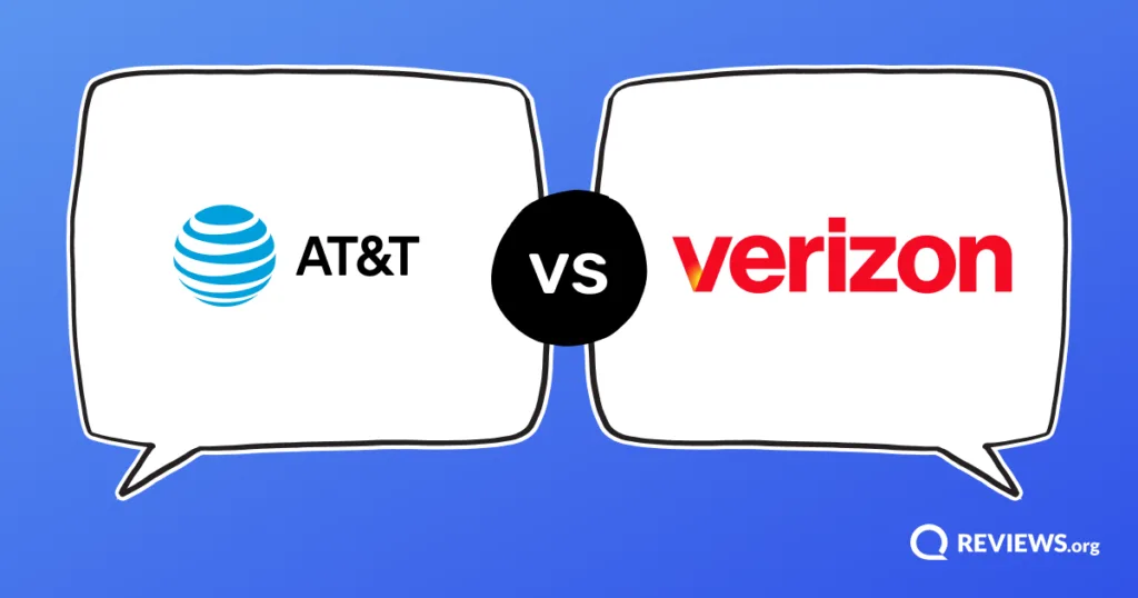 AT&T vs Verizon logos facing off in opposing speech bubbles.