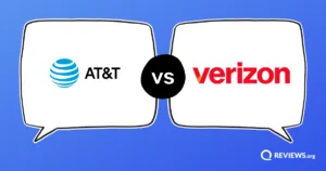 AT&T vs Verizon logos facing off in opposing speech bubbles.