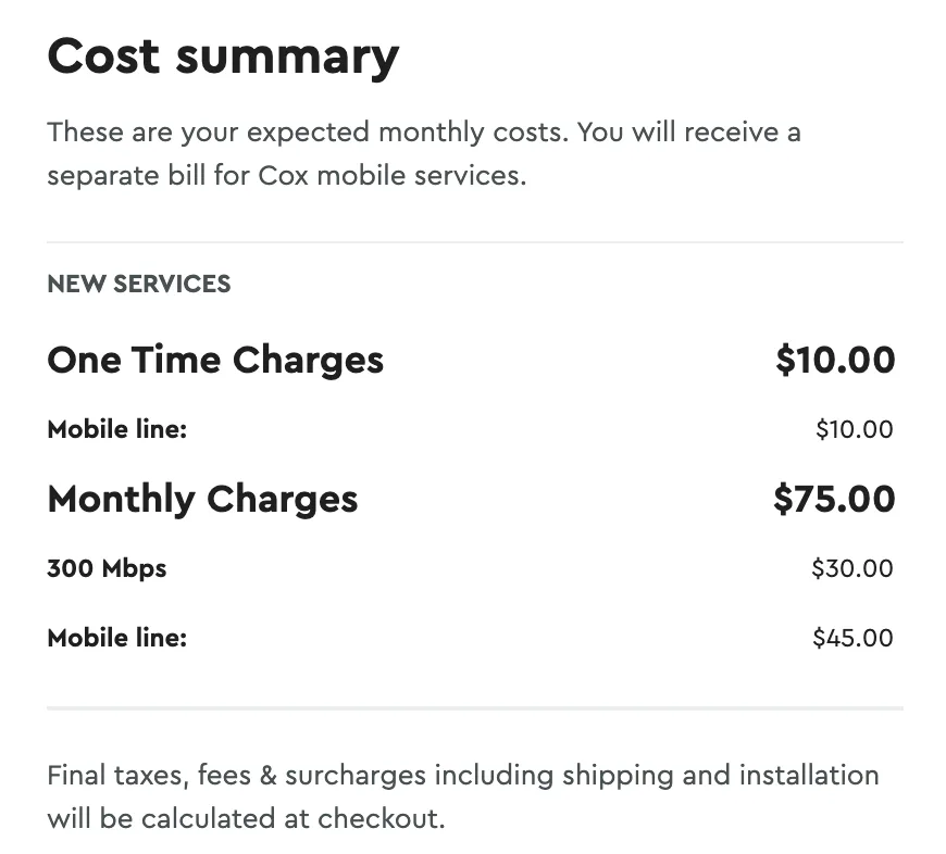 Checkout cart showing $75 monthly charge for internet and mobile