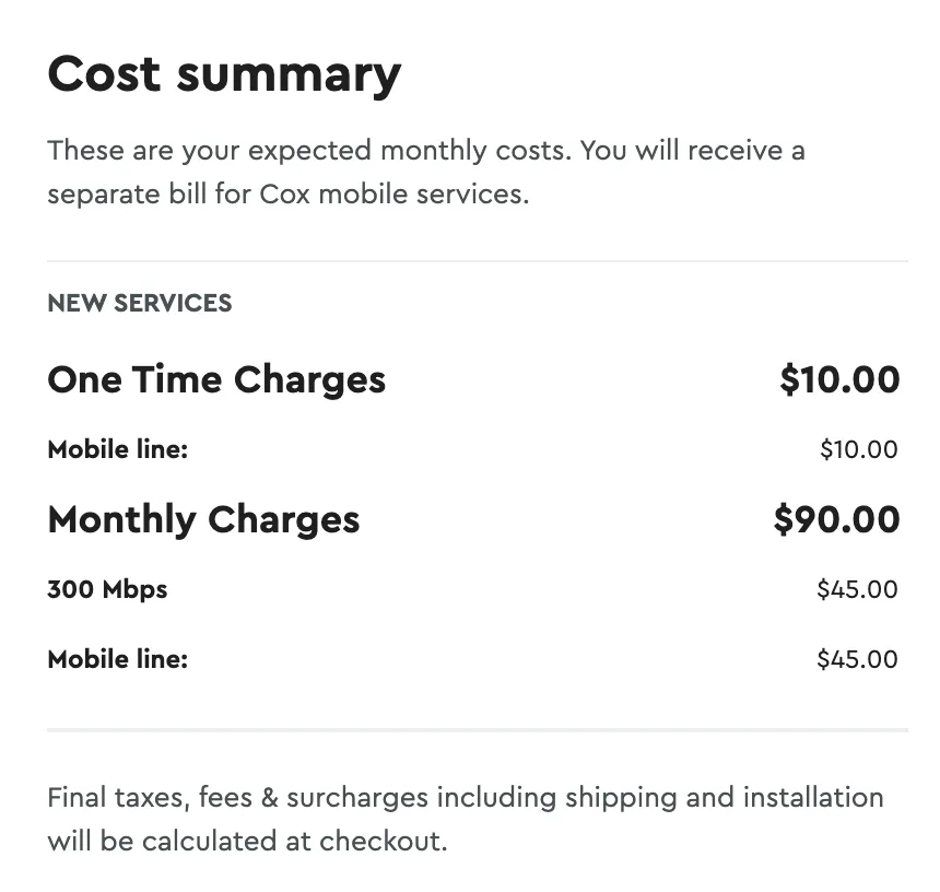 Checkout cart showing a $90 monthly charge for internet and mobile