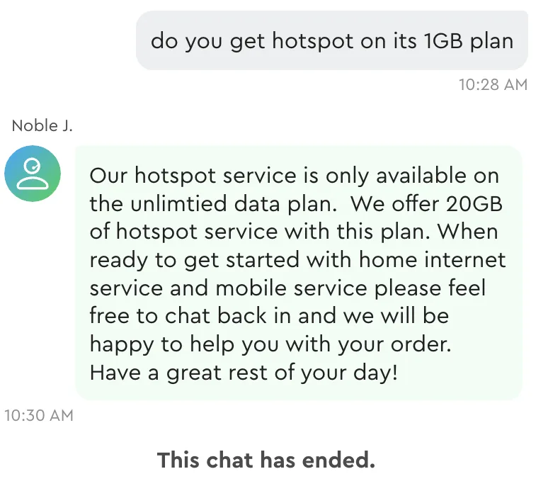 Image of conversation with online Cox agent regarding hotspot data