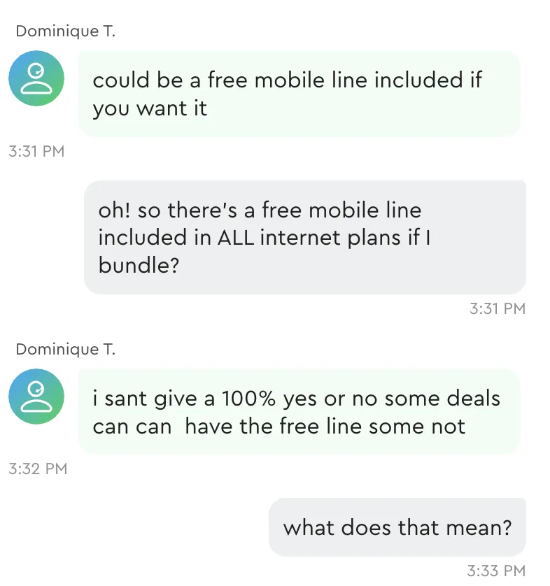 Image of conversation with online Cox agent regarding a free mobile line