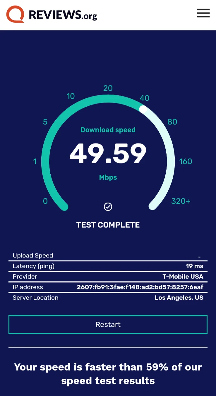 Image of a Reviews.org speed test showing speeds of 49.59Mbps during LA traffic