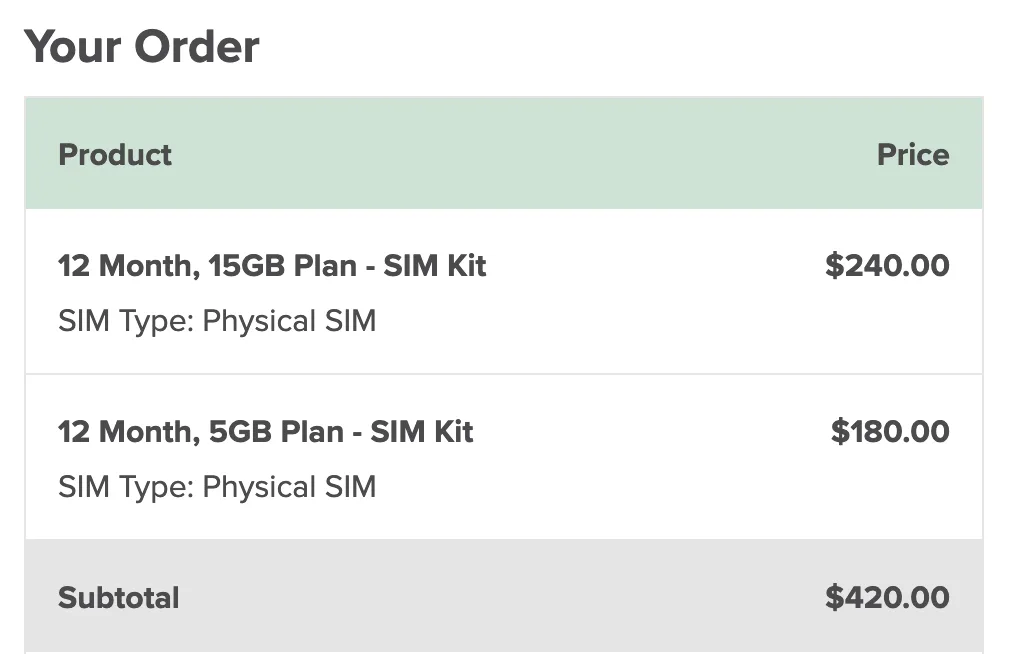 Image of the checkout cart for two lines for Mint Mobile