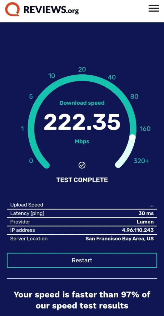 Speed test results from Reviews.org