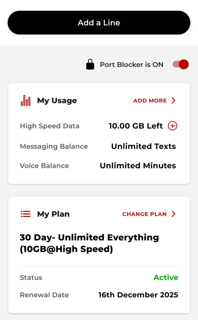 Screenshot of Red Pocket app home page showing usage, plan, and renewal data
