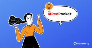 Cartoon woman gesturing toward a speech bubble displaying the Red Pocket logo.