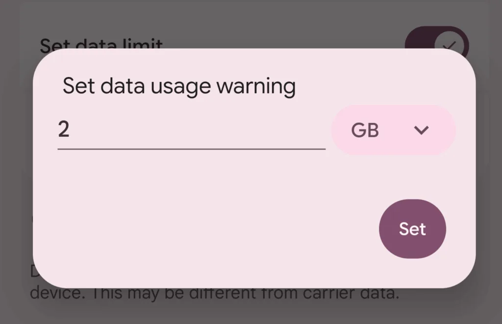 Screenshot of data usage warning