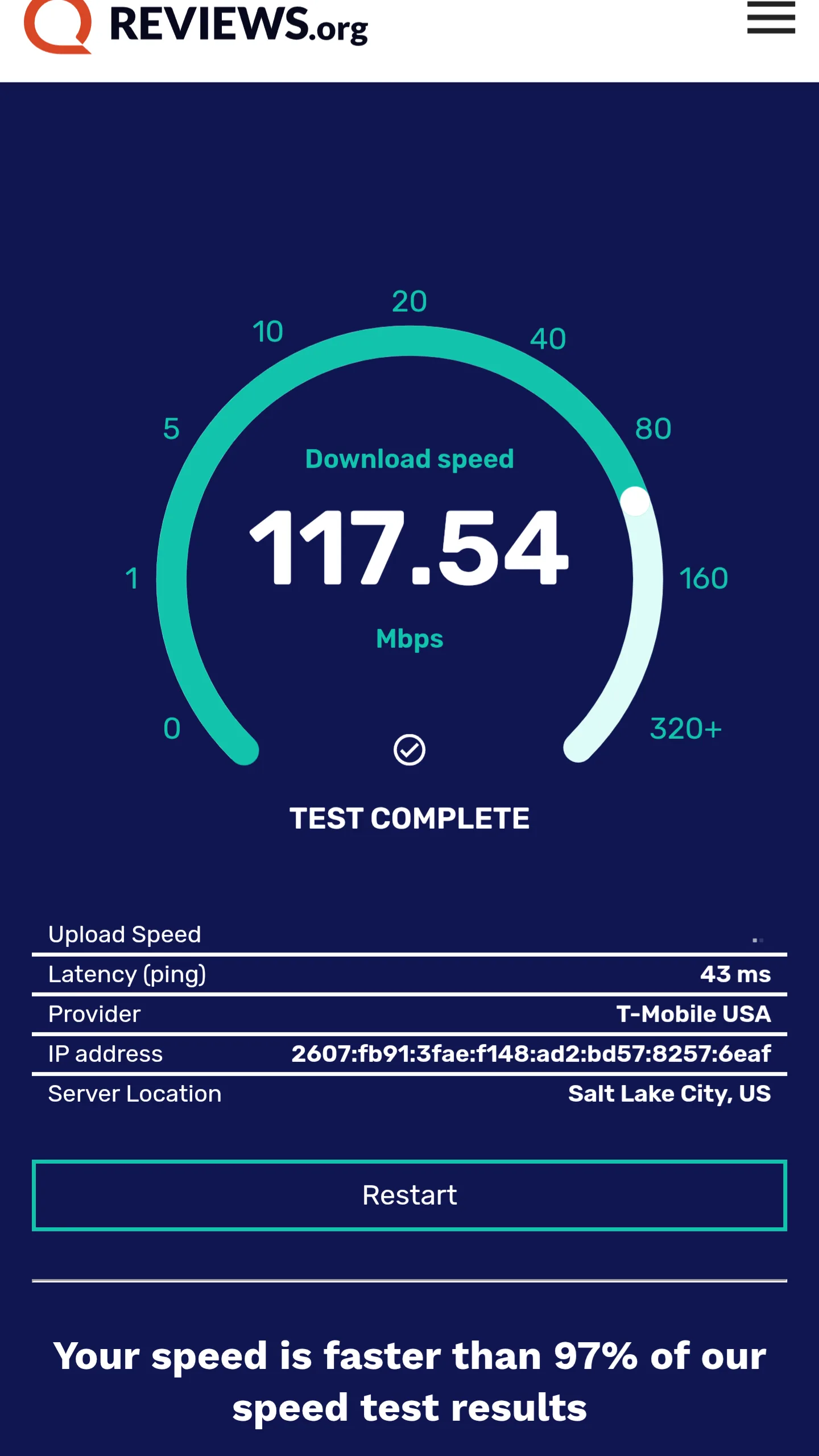 Image of speed test done in Utah at 1:00 a.m.