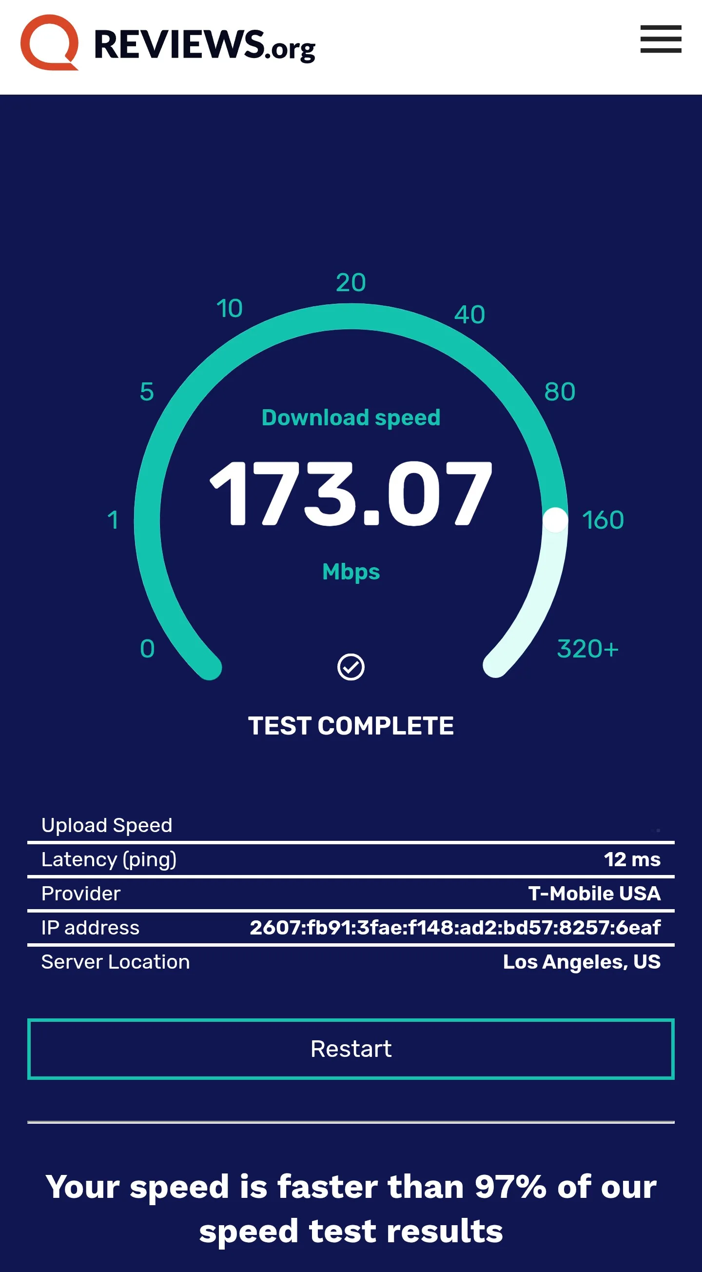 Image of speed test done in Utah at 5:00 p.m.